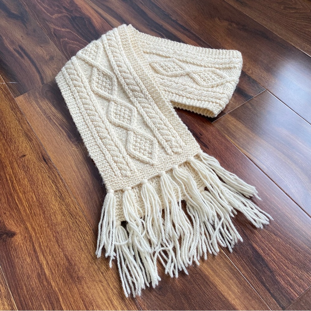 100% Merino Wool Aran Style Cable Knit Fringe Scarf Made in Ireland